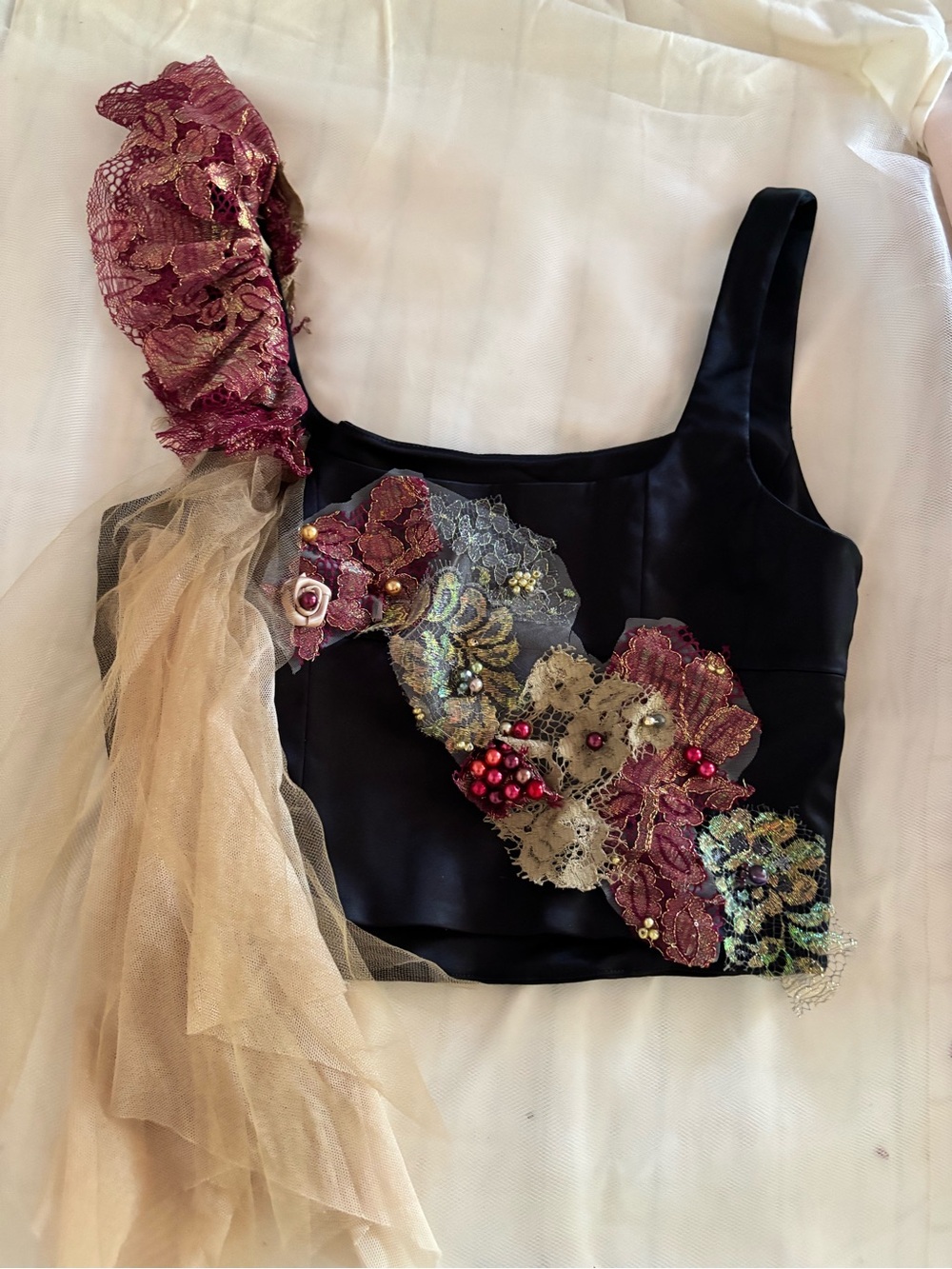 New Asymmetrical  Black Satin Embellished Crop Top with Lace Floral Appliqué